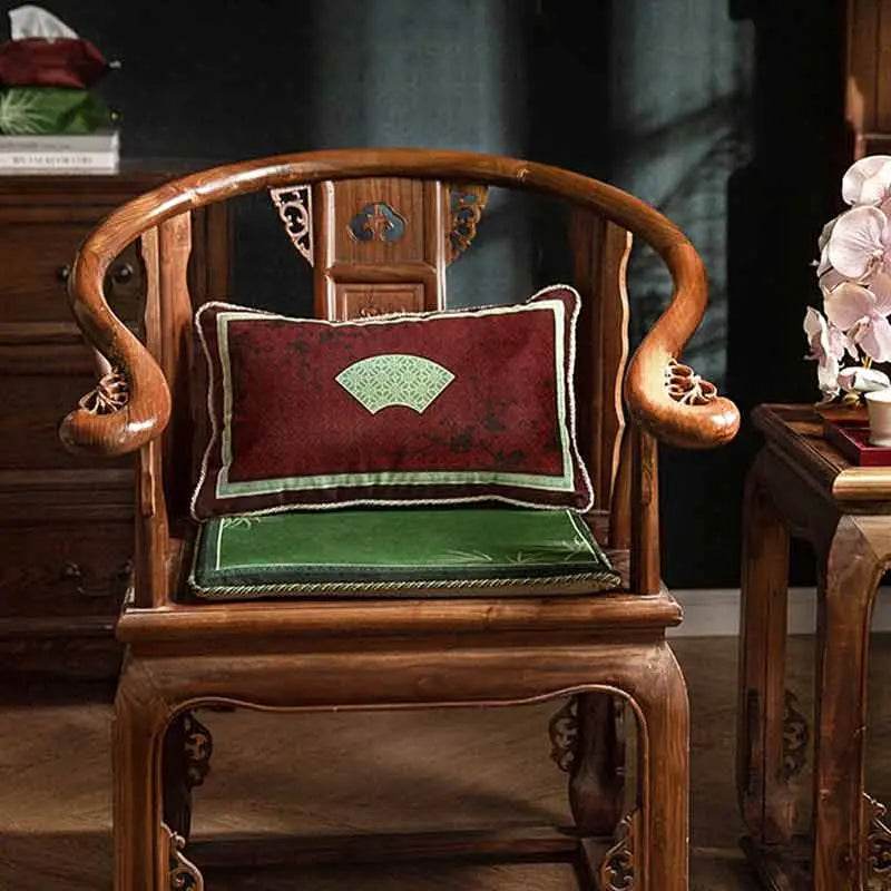 Chinoiserie Bamboo and Plum Blossoms Short Plush Green Chair Cushion - SinoCultural -- SC025A38