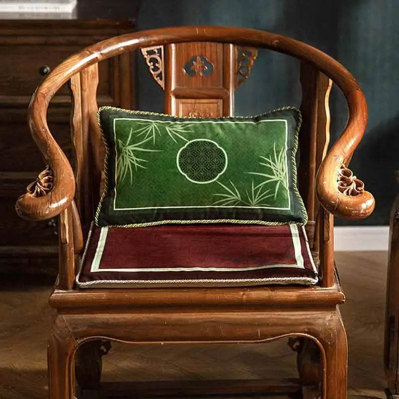 Chinoiserie Bamboo and Plum Blossoms Short Plush Green Chair Cushion - SinoCultural -- SC025A38