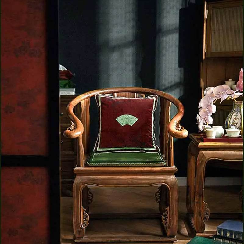 Chinoiserie Bamboo and Plum Blossoms Short Plush Green Chair Cushion - SinoCultural -- SC025A38