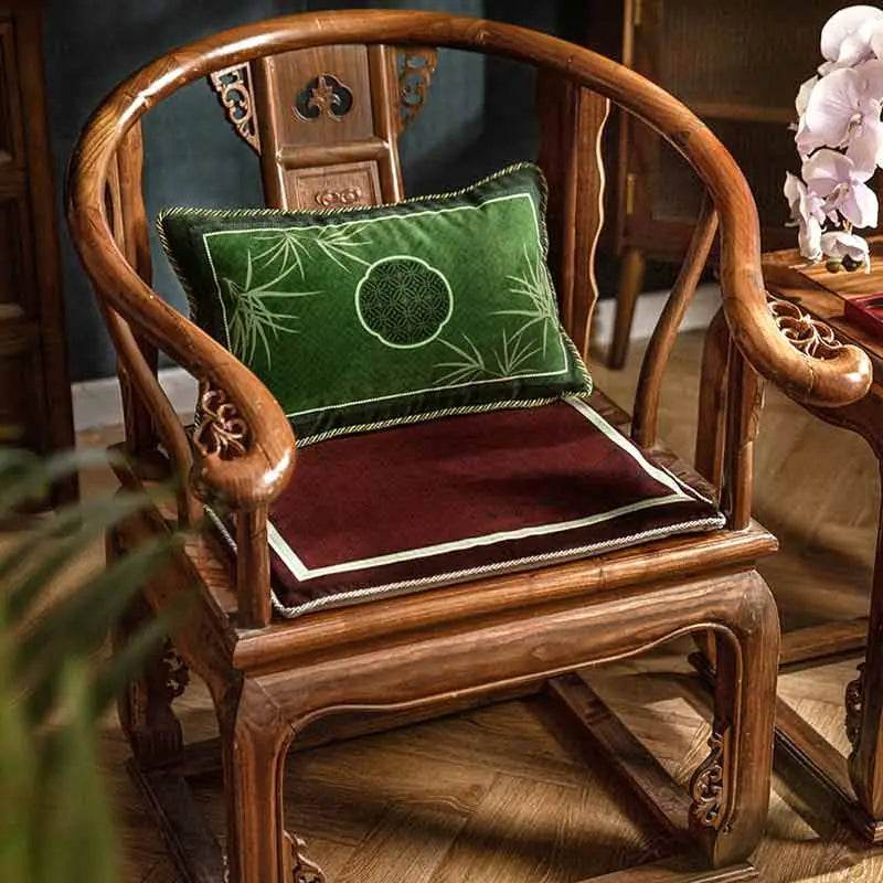 Chinoiserie Bamboo and Plum Blossoms Short Plush Green Chair Cushion - SinoCultural -- SC025A38