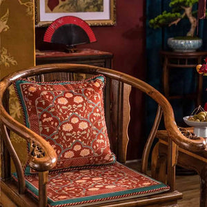 Chinoiserie Chrysanthemum Short Plush Red Chair Cushion - SinoCultural -- SC029B38