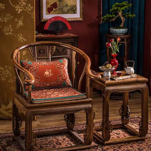 Chinoiserie Chrysanthemum Short Plush Red Chair Cushion - SinoCultural -- SC029B38