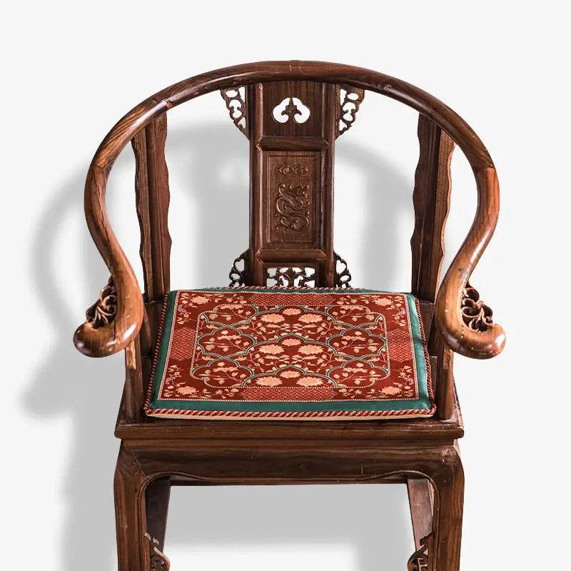 Chinoiserie Chrysanthemum Short Plush Red Chair Cushion - SinoCultural -- SC029B38