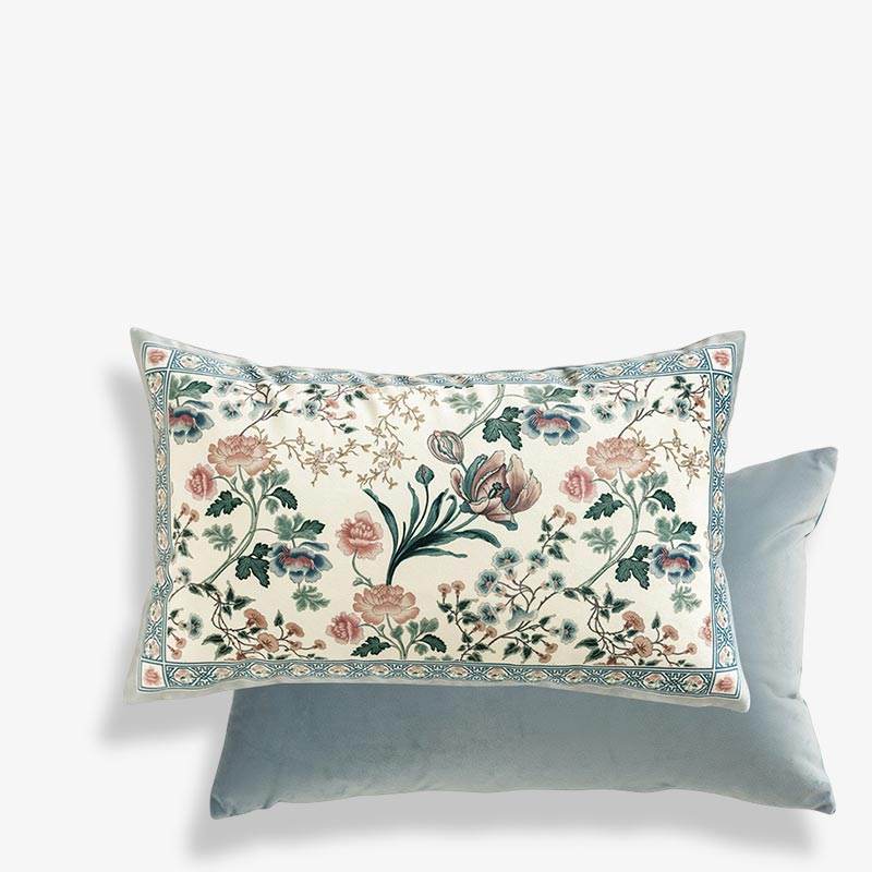Chinoiserie Blue Spring Floral & Bird Pattern Short Plush Lumbar Pillow - SinoCultural -- WP033A01