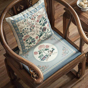 Chinoiserie Blue Spring Floral & Bird Pattern Short Plush Chair Cushion - SinoCultural -- SC033A38