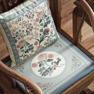 Chinoiserie Blue Spring Floral & Bird Pattern Short Plush Chair Cushion - SinoCultural -- SC033A38