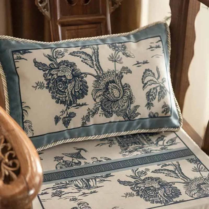Chinoiserie Blue and White Porcelain Short Plush Chair Cushion - SinoCultural -- SC048A38