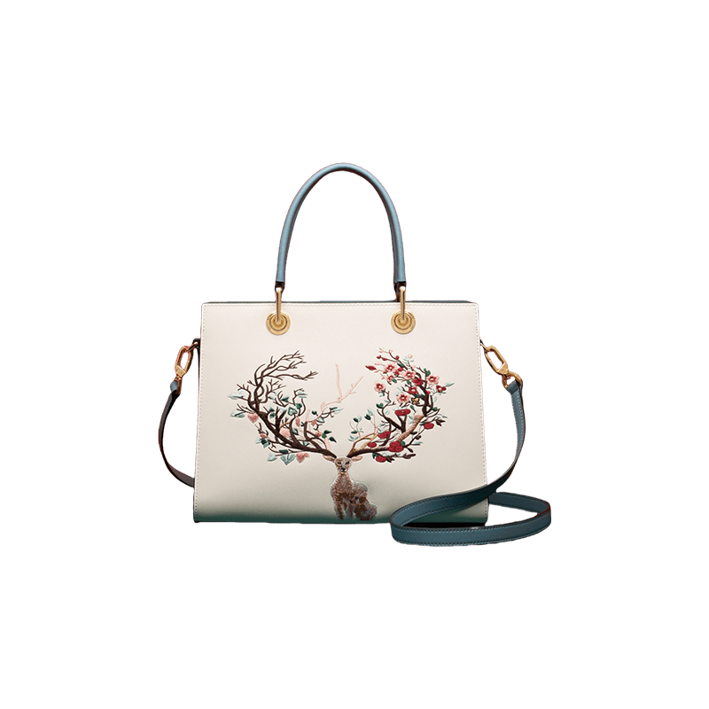 Embroidery Leather Tote Crossbody Bag Tricolor Deer - SinoCultural -- SC1068-A2