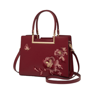 Embroidery Leather Peony Tote Bag Chinese Style Luxury Handbag - SinoCultural -- SC1603-2