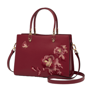 Embroidery Leather Tote Handbag Prosperous Peony - SinoCultural -- SC1605-S2