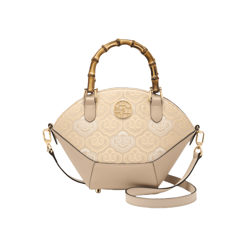 Embroidery Leather Tote Bag Bamboo Handle Auspicious Cloud - SinoCultural -- SC1689-B1