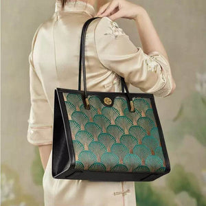 Embroidery Leather Elegant Single Shoulder Tote Bag with a Pocket - SinoCultural -- SC1750-A3