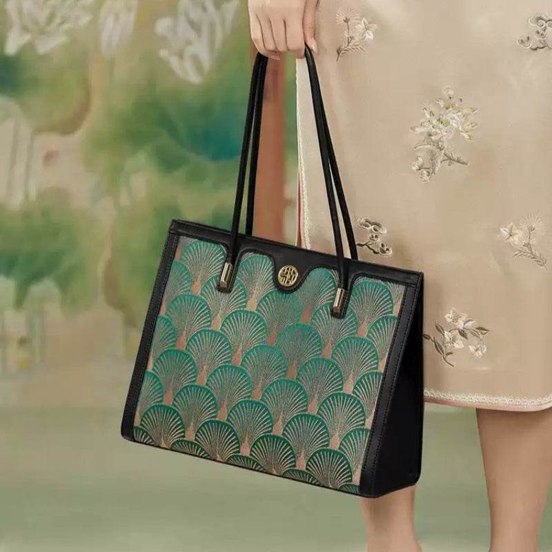 Embroidery Leather Elegant Single Shoulder Tote Bag with a Pocket - SinoCultural -- SC1750-A3