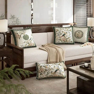 Chinoiserie Flower and Bird Green Throw Pillow Emerald Spring Elegance - SinoCultural -- SJZBZ031A01