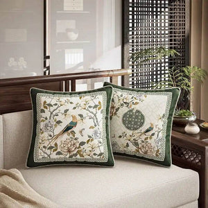 Chinoiserie Flower and Bird Green Throw Pillow Emerald Spring Elegance - SinoCultural -- SJZBZ031A01