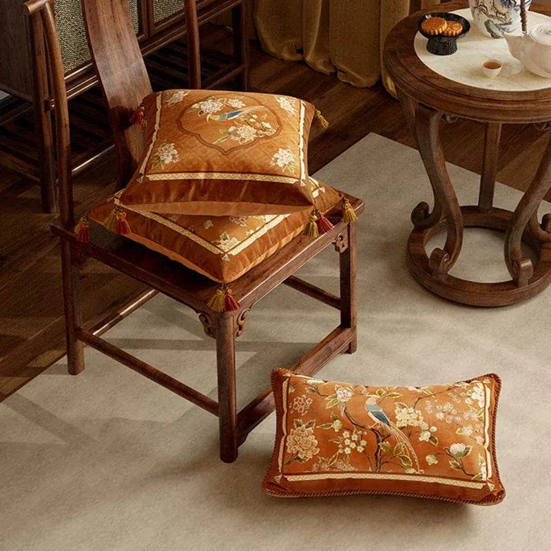 Chinoiserie Original Flowers and Birds Throw Pillow Orange Melody - SinoCultural -- SJZBZ043A01