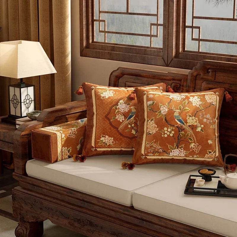 Chinoiserie Original Flowers and Birds Throw Pillow Orange Melody - SinoCultural -- SJZBZ043A01