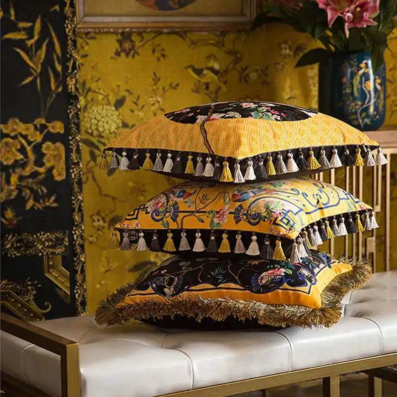 Chinoiserie Yellow Retro Flowers and Birds Throw Pillow - SinoCultural -- SJZBZ053A01
