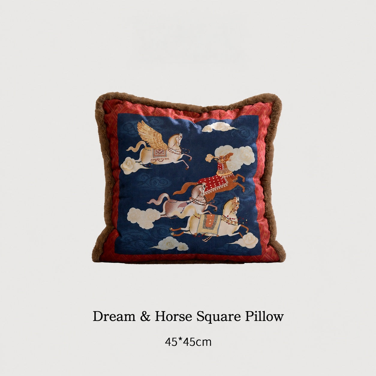 Close view of decorative cushion showing heritage textile texture and refined woven pattern featuring Dream as Horse Chasing