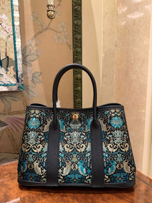 Black Banana-Lotus(Classic Size) Song brocade silk garden tote bag with top grain leather trim