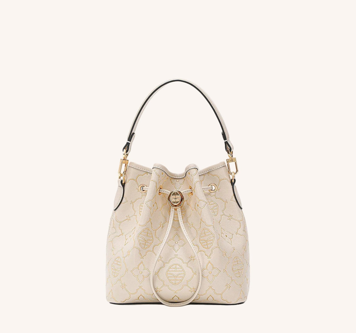 Chinese embroidered bucket bag with heritage-inspired motif and structured heritage handbag silhouette featuring