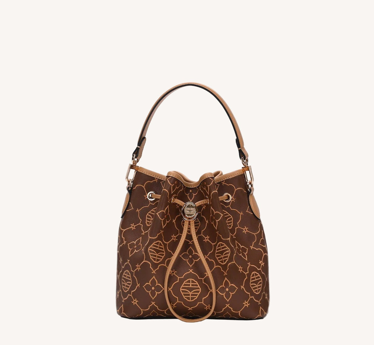 Chinese embroidered bucket bag with heritage-inspired motif and structured heritage handbag silhouette