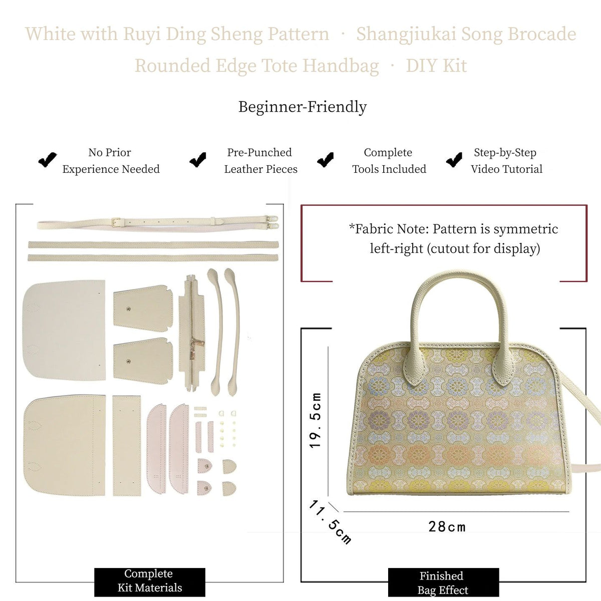 Close view of DIY bag kit materials with brocade fabric, hardware, and sewing components detail angle