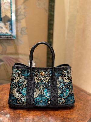 Black Banana-Lotus(MINI Size) Song brocade silk garden tote bag with top grain leather trim