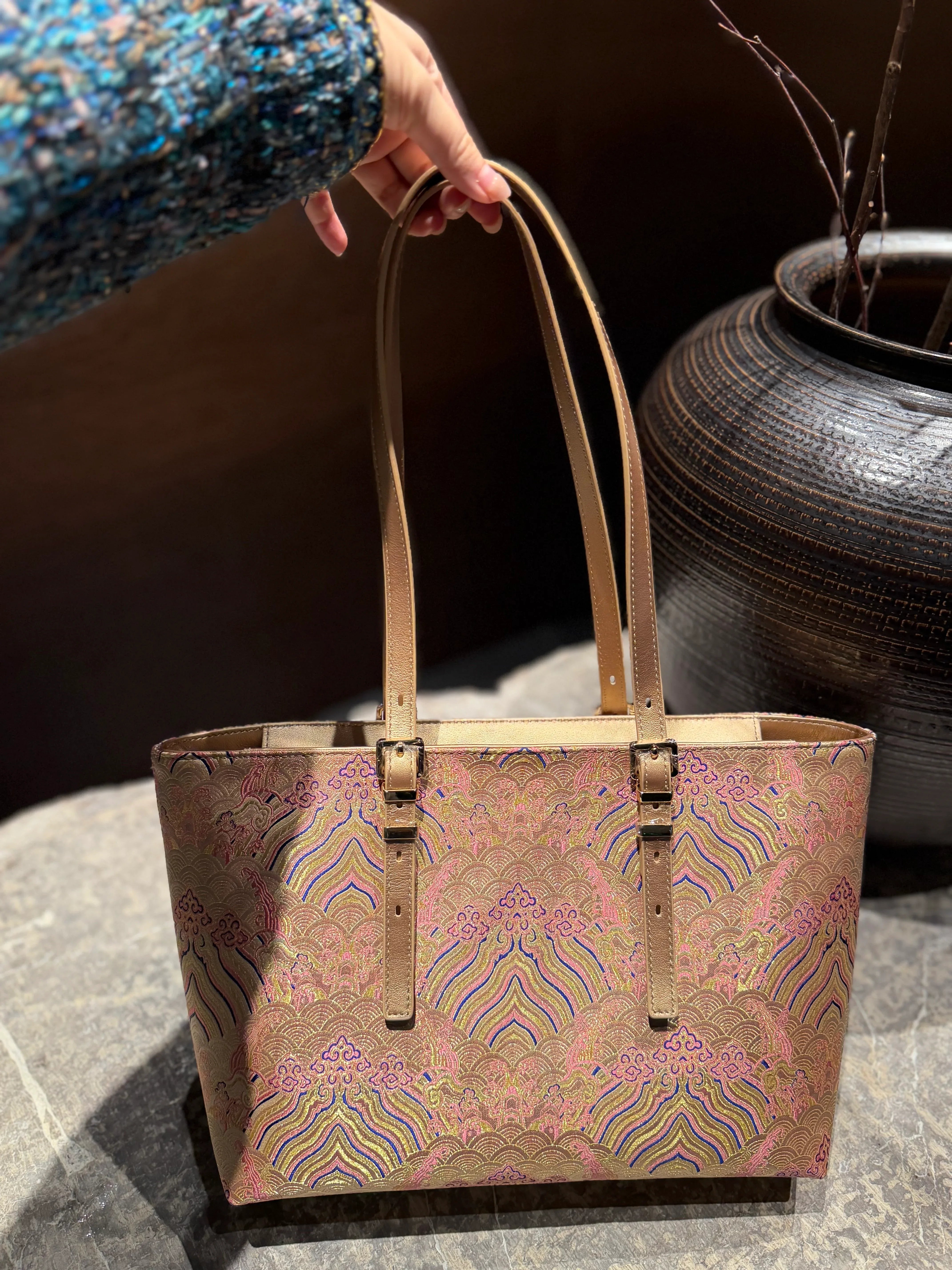 Close view of Song brocade tote bag showing woven motif texture and refined finish featuring Song Brocade New Chinese