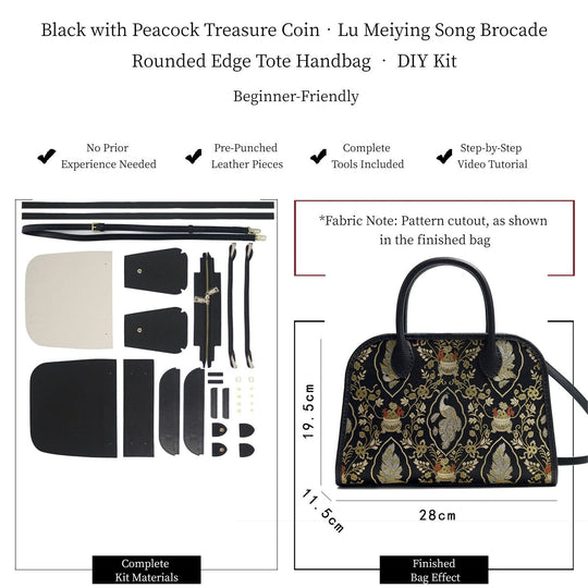 Close view of DIY bag kit materials with brocade fabric, hardware, and sewing components