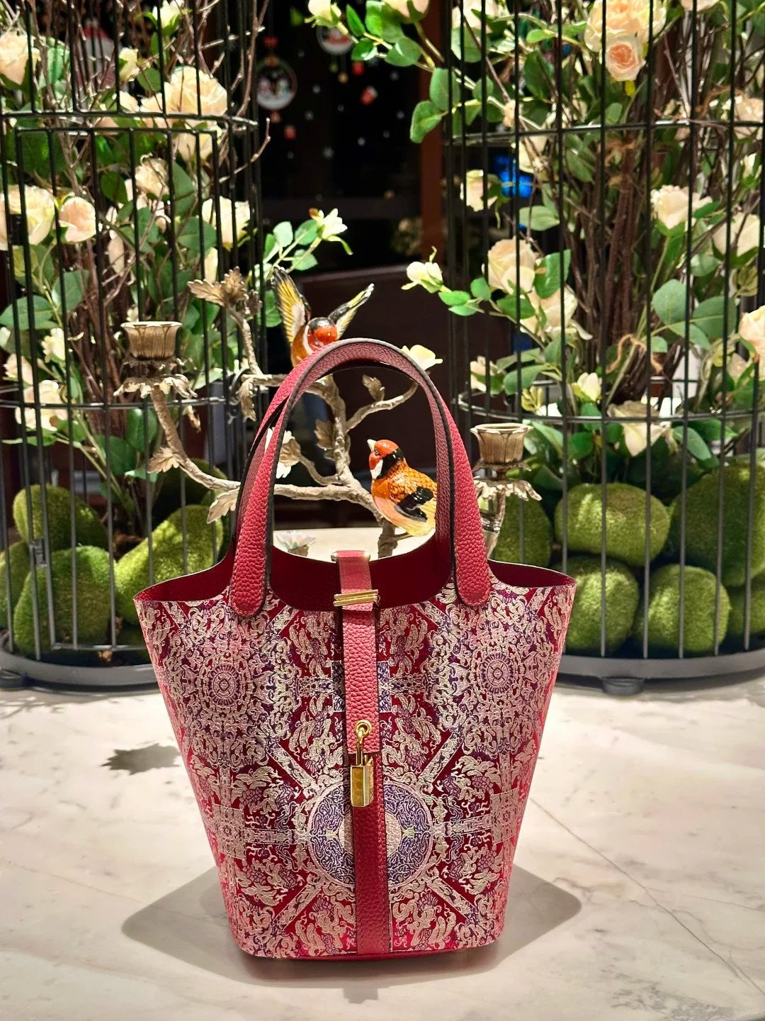 Shangjiukai Bada Luck Pattern Song Brocade Basket Bag – New Chinese Style Silk Brocade Handbag-brocademodern