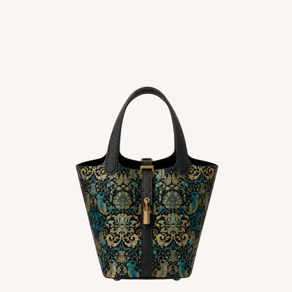 Shangjiukai Black Banana Leaf Lotus Song Brocade Basket Bag – New Chinese Style Silk Brocade Handbag-brocademodern