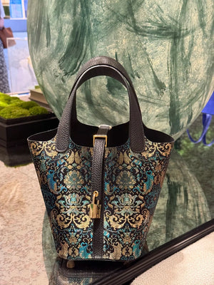 Shangjiukai Black Banana Leaf Lotus Song Brocade Basket Bag – New Chinese Style Silk Brocade Handbag-brocademodern
