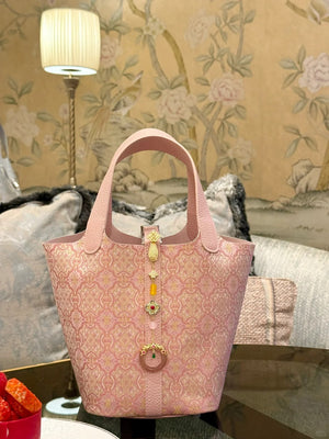 Shangjiukai Pink Dingsheng Song Brocade Basket Bag – New Chinese Style Silk Brocade Handbag-brocademodern
