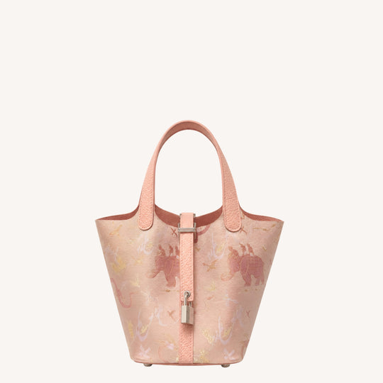 Shangjiukai Pink Dragon Elephant Song Brocade Basket Bag – New Chinese Style Silk Brocade Handbag-brocademodern
