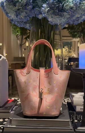 Shangjiukai Pink Dragon Elephant Song Brocade Basket Bag – New Chinese Style Silk Brocade Handbag-brocademodern