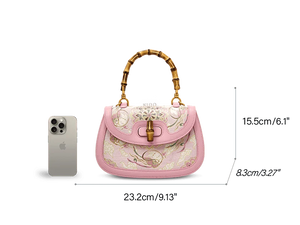 Song Brocade Pink Mulberry Silk Handbag with Bamboo Handle - SinoCultural -- P12062902-2
