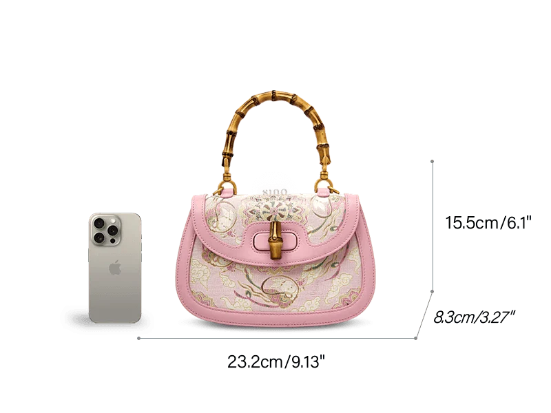 Song Brocade Pink Mulberry Silk Handbag with Bamboo Handle - SinoCultural -- P12062902-2