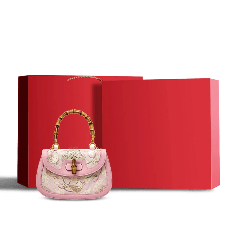 Song Brocade Pink Mulberry Silk Handbag with Bamboo Handle - SinoCultural -- P12062902-2