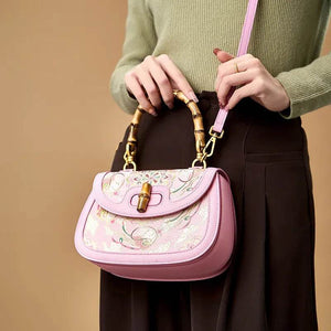 Song Brocade Pink Mulberry Silk Handbag with Bamboo Handle - SinoCultural -- P12062902-2