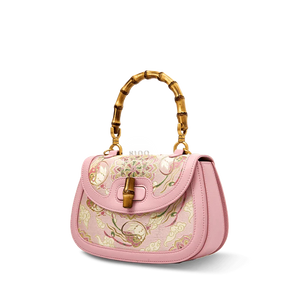 Song Brocade Pink Mulberry Silk Handbag with Bamboo Handle - SinoCultural -- P12062902-2