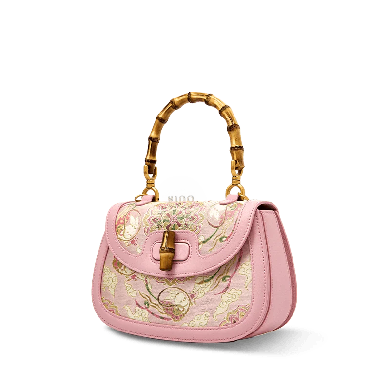 Song Brocade Pink Mulberry Silk Handbag with Bamboo Handle - SinoCultural -- P12062902-2