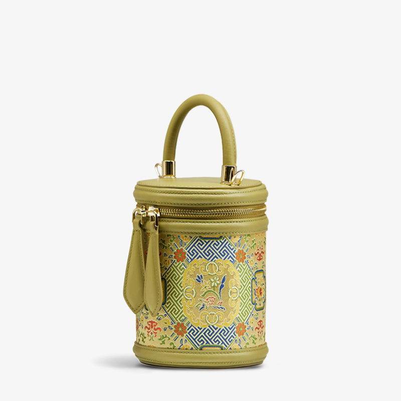 Song Brocade Leather Bucket Cylinder Bag - SinoCultural -- P120617