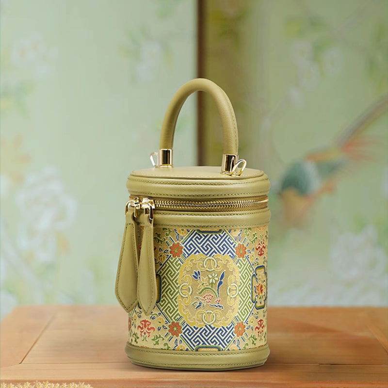 Song Brocade Leather Bucket Cylinder Bag - SinoCultural -- P120617