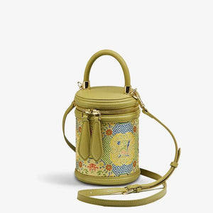 Song Brocade Leather Bucket Cylinder Bag - SinoCultural -- P120617