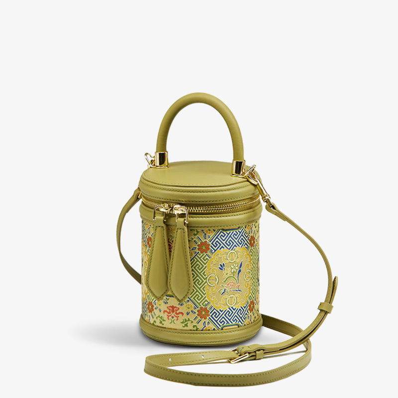 Song Brocade Leather Bucket Cylinder Bag - SinoCultural -- P120617