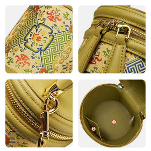 Song Brocade Leather Bucket Cylinder Bag - SinoCultural -- P120617
