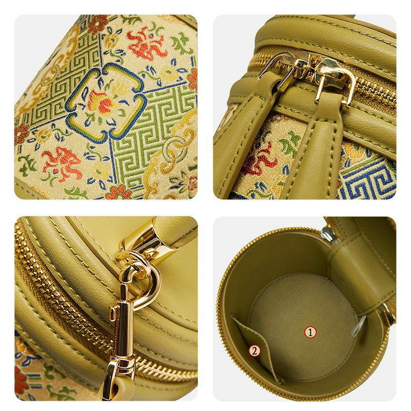 Song Brocade Leather Bucket Cylinder Bag - SinoCultural -- P120617