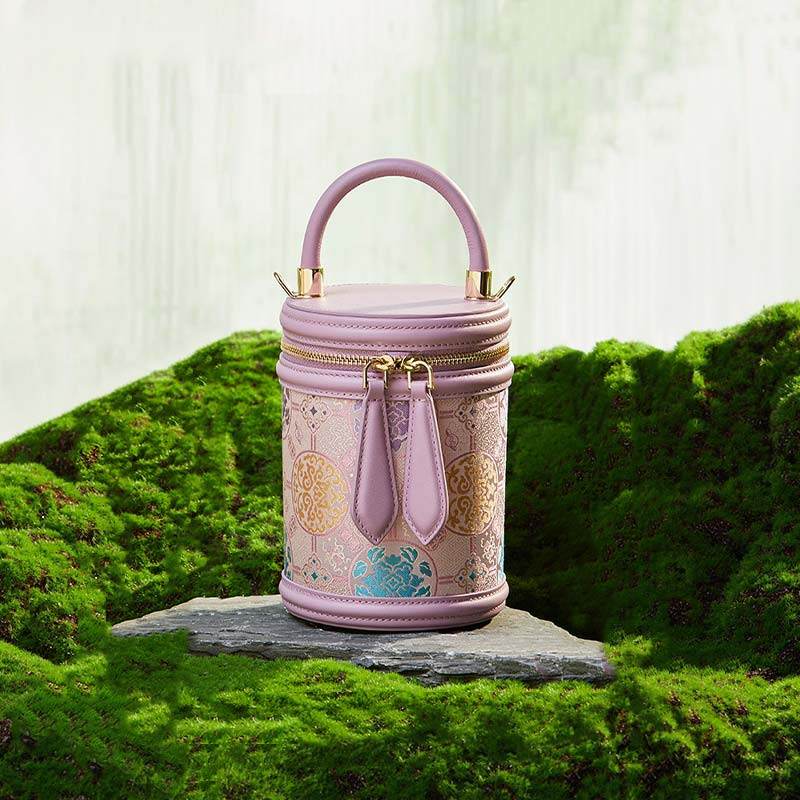 Song Brocade Leather Bucket Cylinder Bag - SinoCultural -- P11017902P-1
