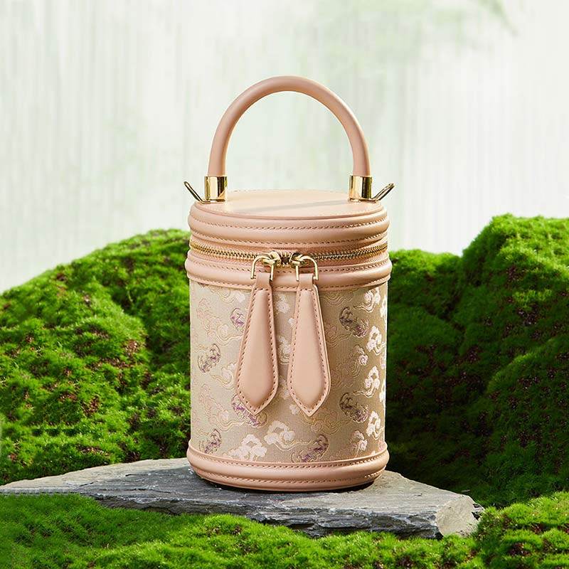 Song Brocade Leather Bucket Cylinder Bag - SinoCultural -- P11017902BG